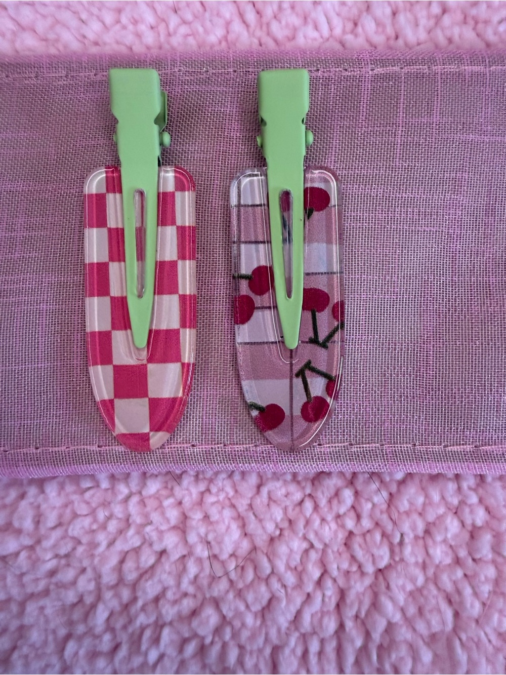 Cherry Yogurt Hair Clips with Pink Cherry & Check Pattern